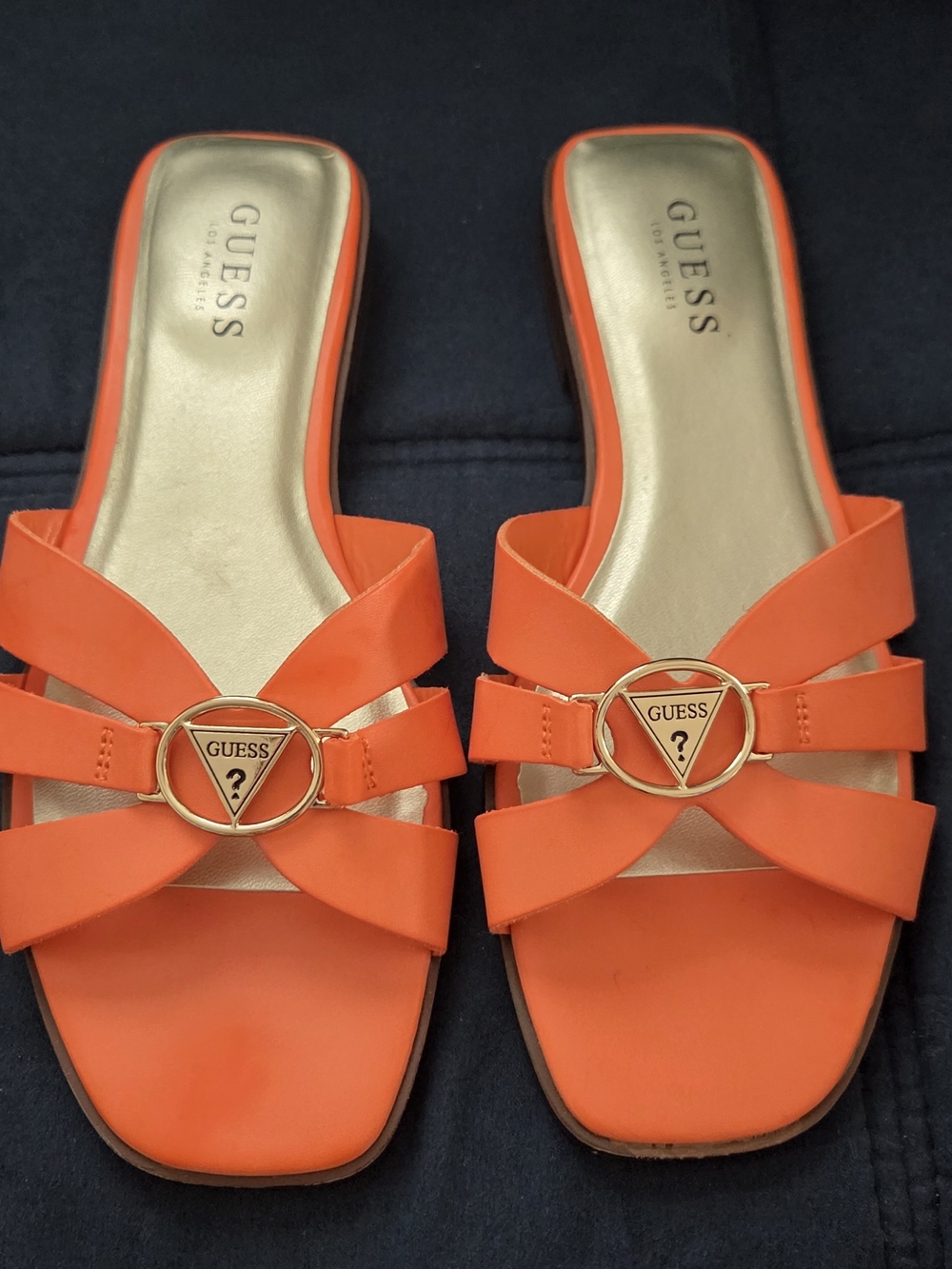 GUESS Orange Slide Mules with Gold Logo Emblem